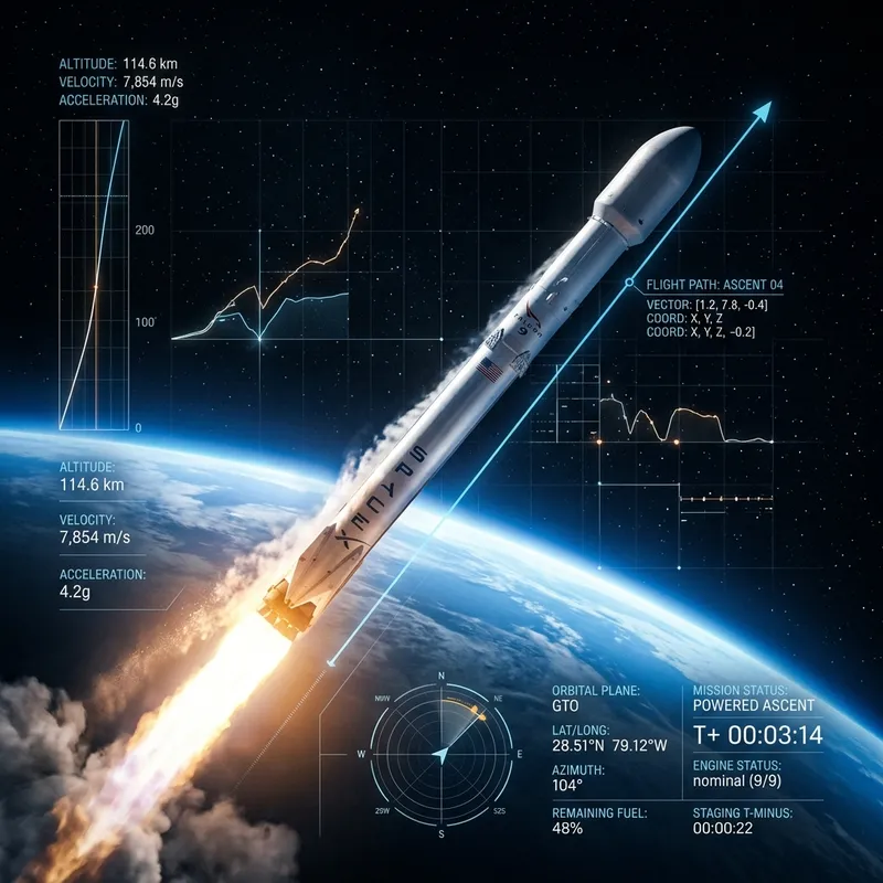 Before SpaceX IPO, investors in China secretly acquired stakes | SpaceX Rocket Launch and Flight Telemetry Guidance Before SpaceX IPO, investors in China secretly acquired stakes - SpaceX Falcon rocket launching into space with a subtle digital telemetry overlay showing trajectory vectors and coordinates.
