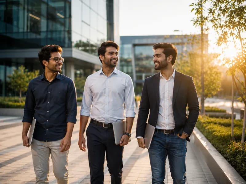 Agentic marketing AI startup Gradial grabs $65M in fresh funding | Tech Co-founders Collaborating Outside Office Agentic marketing AI startup Gradial grabs $65M in fresh funding - Three professional tech co-founders holding laptops and discussing strategy while walking outside modern corporate office buildings.