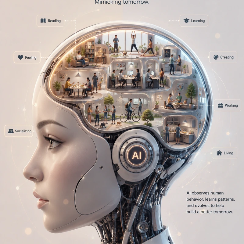 Visual representation of AI learning and training from human activity rooms in a cross-section brain diagram.