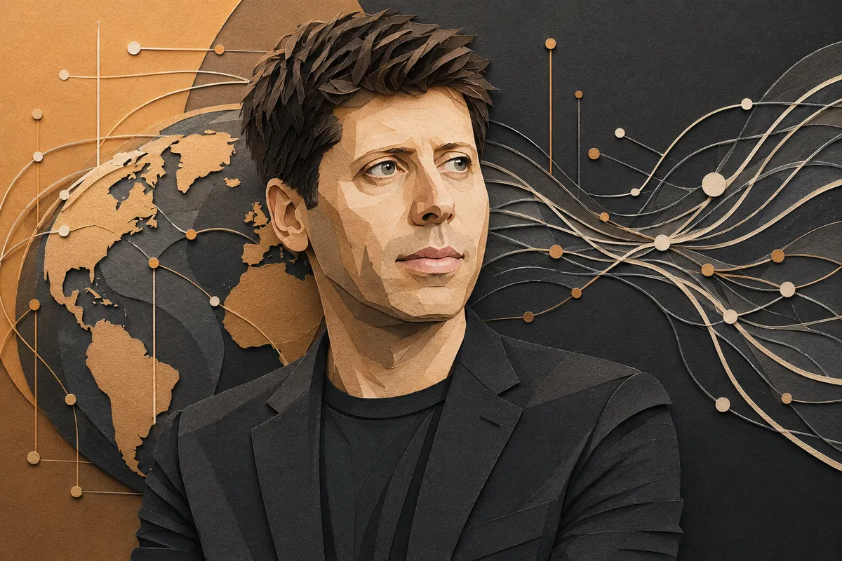 Stylized digital portrait of Sam Altman, highlighting the fusion of human leadership and digital artificial intelligence.