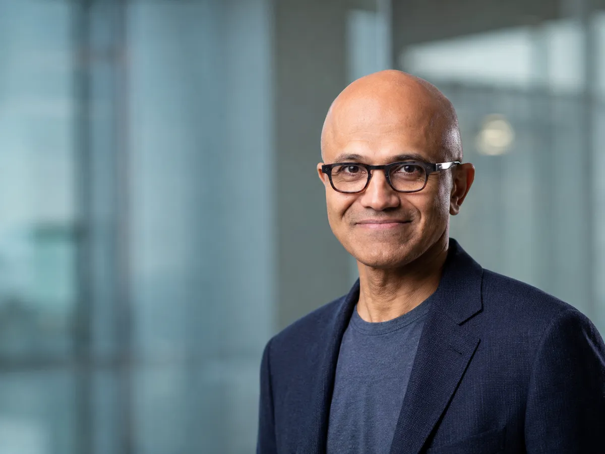 Professional portrait of Microsoft CEO Satya Nadella, highlighting enterprise AI, Azure, and cloud computing leadership.