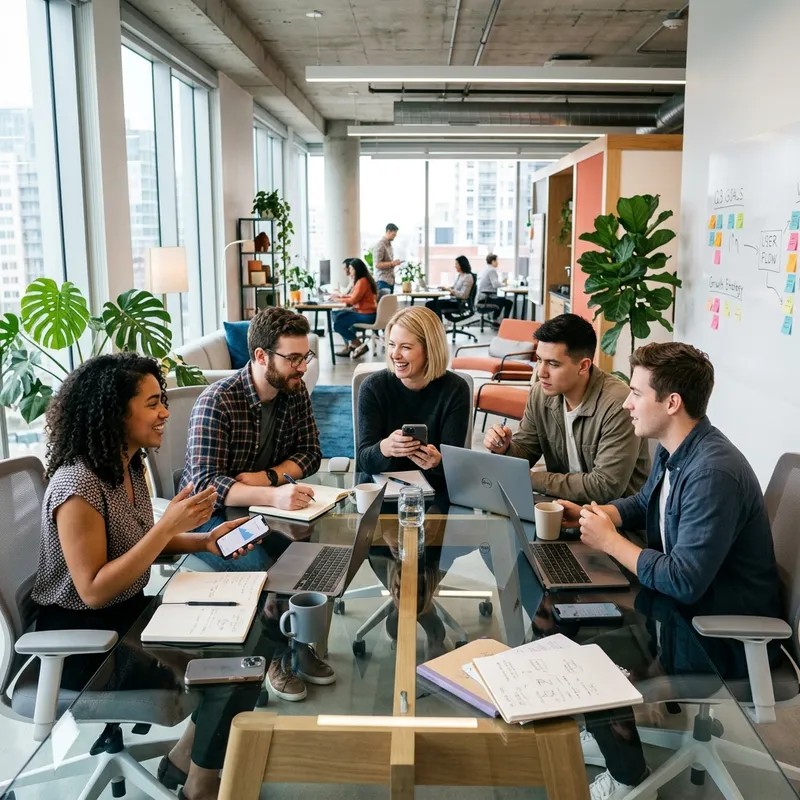 Colleagues networking and discussing tech trends in a modern coworking space.