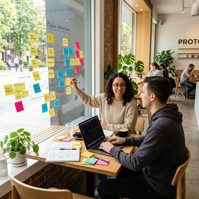 SaaS development team planning software architecture on a whiteboard.